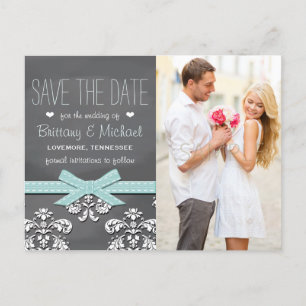 Postal De Anuncios Aqua Blue Chalkboard Lace Bow Save the Date