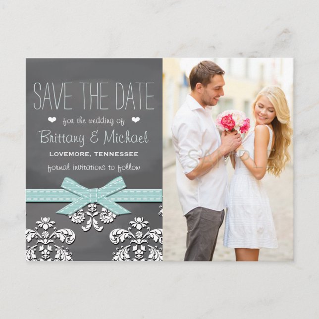 Postal De Anuncios Aqua Blue Chalkboard Lace Bow Save the Date (Anverso)
