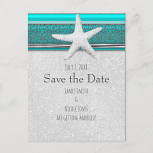 Postal De Anuncios Aqua Blue & Silver Starfish Beach Save the Date