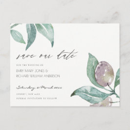 POSTAL DE ANUNCIOS AQUA BLUE WATERCOLOR FOLIAGE OLIVE GUARDAR LA FECH
