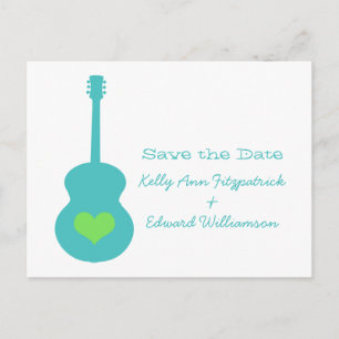 Postal De Anuncios Aqua/Green Guitar Heart Save the Date Postcard