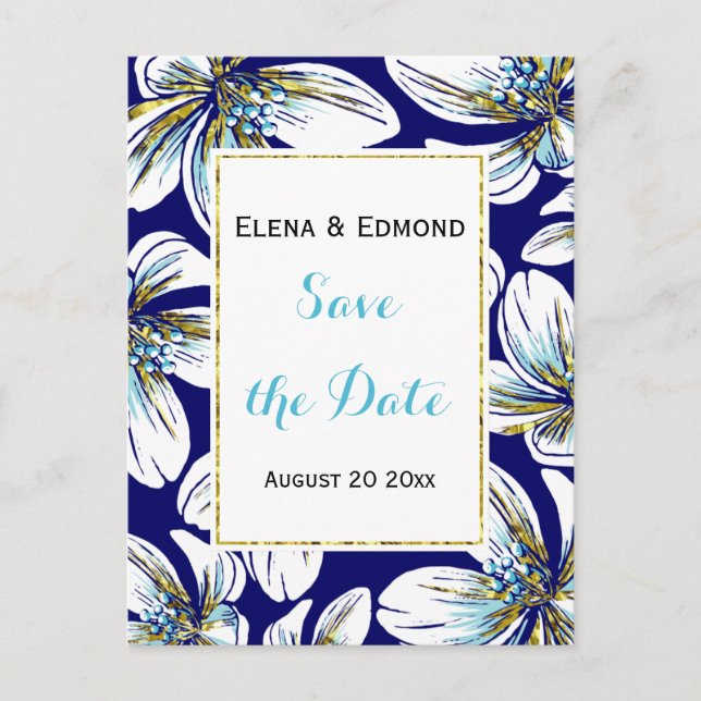 Postal De Anuncios Aqua, hoja de oro floral azul marino boda Save the (Anverso)