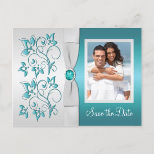 Postal De Anuncios Aqua-marine y Silver Floral Photo Save the Date