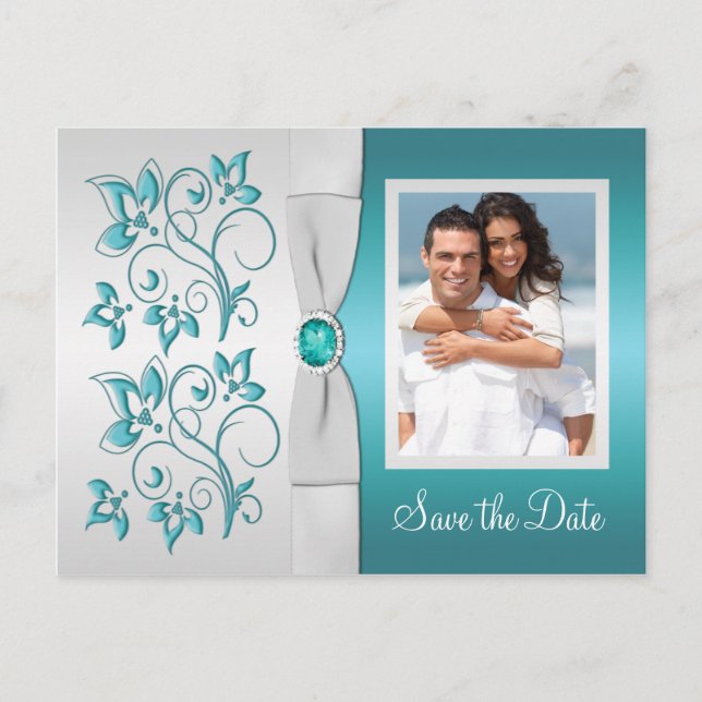 Postal De Anuncios Aqua-marine y Silver Floral Photo Save the Date (Anverso)