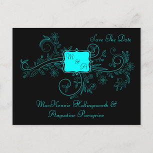 Postal De Anuncios Aqua Negro Monograma Remolino Floral Salva La Fech