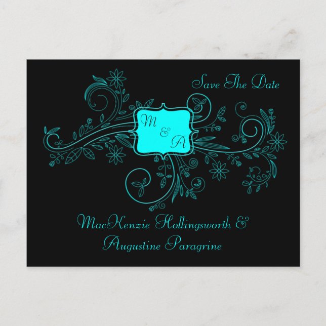 Postal De Anuncios Aqua Negro Monograma Remolino Floral Salva La Fech (Anverso)