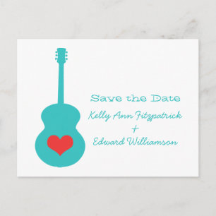 Postal De Anuncios Aqua/Red Guitar Heart Save the Date Postcard