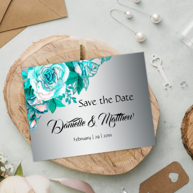 Postal De Anuncios Aqua Rosas y Boda de Plata Guardar la Fecha (Subido por el creador)