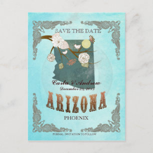 Postal De Anuncios Aqua Save The Date - Mapa de Arizona con hermosos