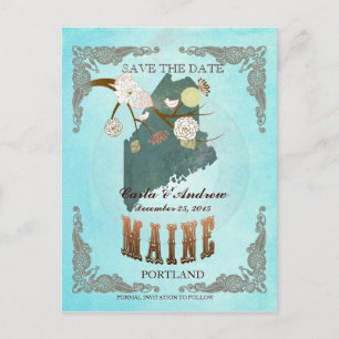 Postal De Anuncios Aqua Save The Date - Mapa de Maine Con Lindos Pája