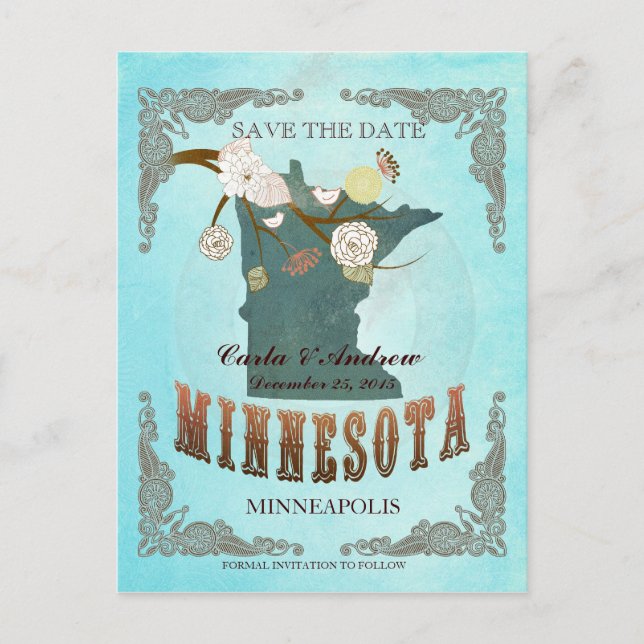Postal De Anuncios Aqua Save The Date - Mapa de MN con hermosos pájar (Anverso)