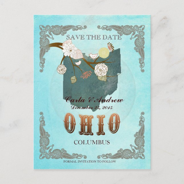 Postal De Anuncios Aqua Save The Date - Mapa de Ohio con hermosos páj (Anverso)