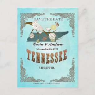 Postal De Anuncios Aqua Save The Date - Mapa de TN con hermosos pájar