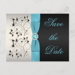 Postal De Anuncios Aqua, Silver y Black Floral ahorran la fecha