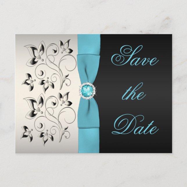 Postal De Anuncios Aqua, Silver y Black Floral ahorran la fecha (Anverso)