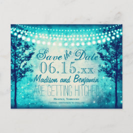 Postal De Anuncios Aqua Trees String Lights Save the Date Postcards