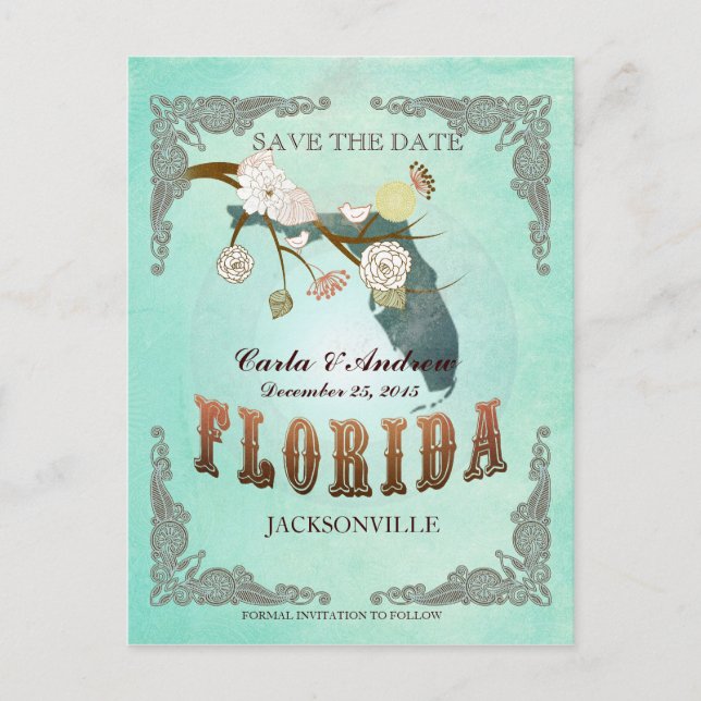 Postal De Anuncios Aqua Verde Save The Date - Mapa de FL con hermosos (Anverso)