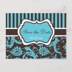 Postal De Anuncios Aqua, White, Brown Damask Save the Date Card