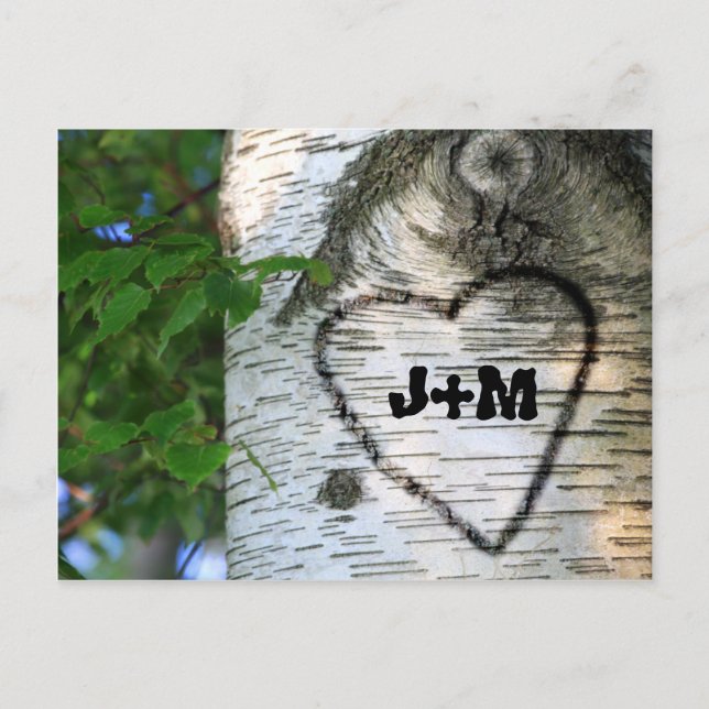 Postal De Anuncios Árbol Birch Save Date Bride Groom Heart Monogramas (Anverso)