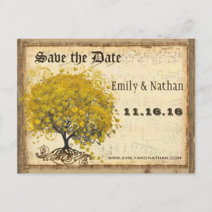 Postal De Anuncios Árbol de hoja de corazón amarillo dorado, guardar