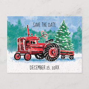 Postal De Anuncios Árbol de Navidad de Tractor Vintage Rojo Guardar l