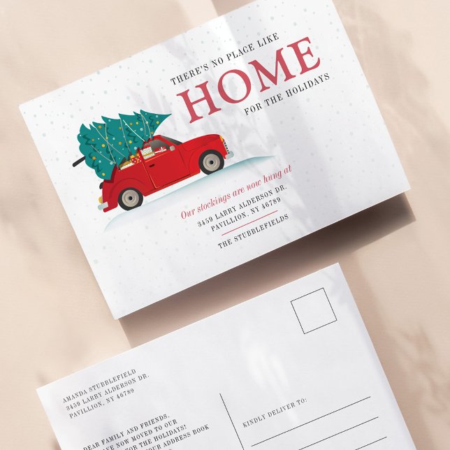 Postal De Anuncios Árbol de Navidad Dirección Nueva de Vacaciones Mud (Cute Red Car Christmas Holiday Moving Announcement Postcard)