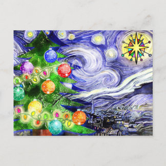 Postal De Anuncios Árbol de Navidad Nocturno Estrellado Acuarela