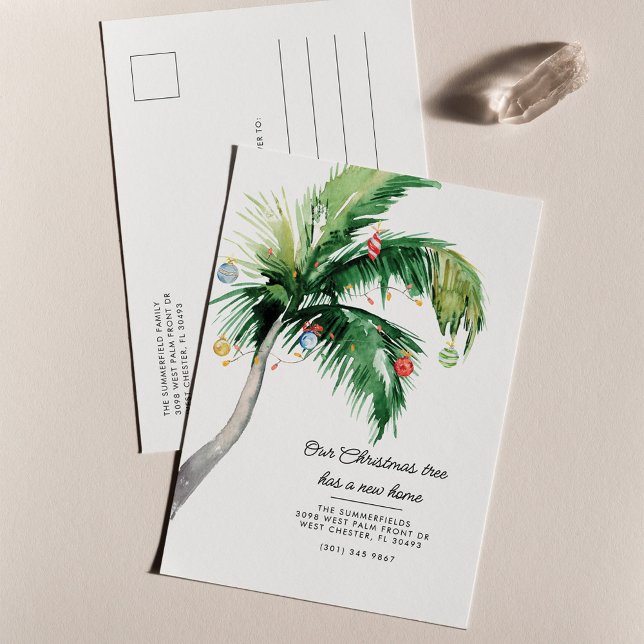 Postal De Anuncios Árbol de Palma Móvil de Vacaciones de Navidad (Palm Tree Coastal Home Christmas Moving Holidays Announcement Postcard)