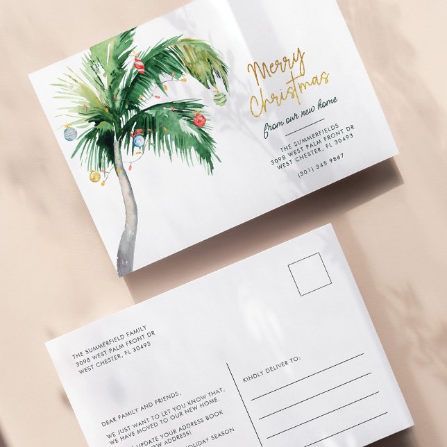 Postal De Anuncios Árbol de Palma Navidad Costera Festiva Mudanza (Coastal Palm Tree Holidays Moving Announcement Postcard)