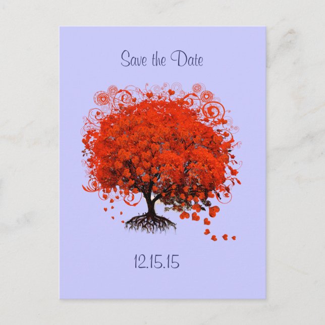 Postal De Anuncios Árbol Rojo sobre Añil Ahorra la Fecha de Boda (Anverso)