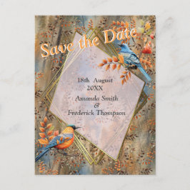 Postal De Anuncios Árboles altos, hojas de otoño y pájaros azules.