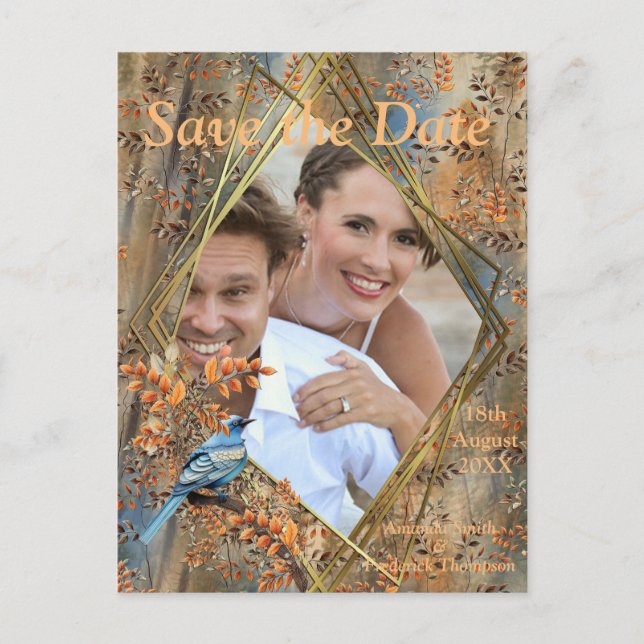 Postal De Anuncios Árboles altos, hojas otoñales y aves azules. Anunc (Anverso)