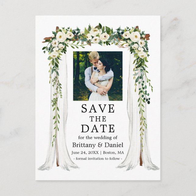 Postal De Anuncios Arco de dosel de boda acuarela verde floral blanco (Anverso)