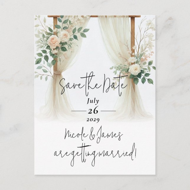 Postal De Anuncios Arco de madera floral con vegetación y rosas para  (Anverso)