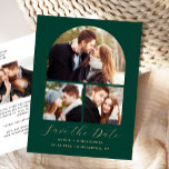 Postal De Anuncios Arco de oro verde esmeralda de 4 fotografías salva<br><div class="desc">Esta simple y minimalista postal Save the Date presenta un collage de fotos en forma de arco de tres fotos encima de las palabras "Save the Date" en un elegante guión de escritura a mano de color dorado, seguido por los nombres de la pareja, la fecha boda y la ciudad...</div>