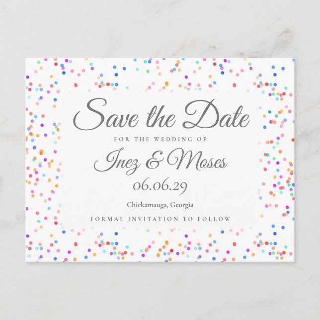 Postal De Anuncios Arcoíris Romántico de Confeti Save the Date (Anverso)