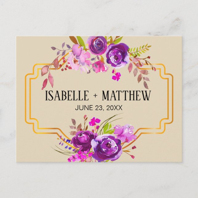 Postal De Anuncios Art Deco Floral Acuarela Púrpura Salva la Fecha (Anverso)