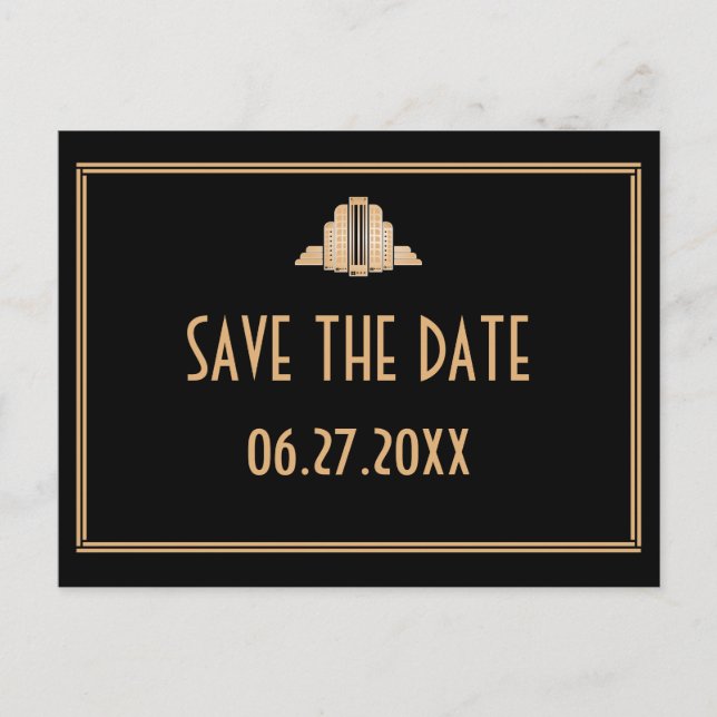 Postal De Anuncios Art Deco Gran Gatsby Black Gold Save The Date (Anverso)