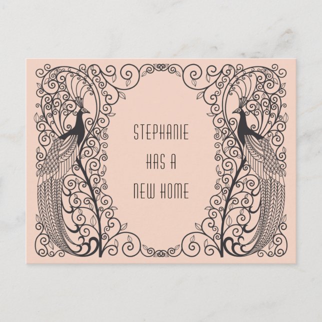 Postal De Anuncios Art Deco Peacock Nueva Dirección Mudanza (Anverso)