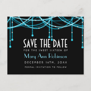 Postal De Anuncios Art Deco Sweet 16 Save The Date String Light Turqu
