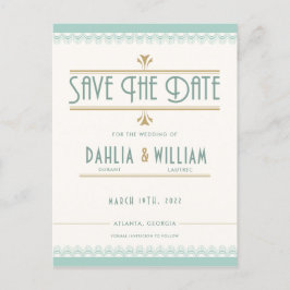 Postal De Anuncios Art Deco Vintage Dorado y Verde Save the Date