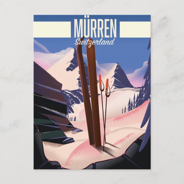 Postal De Anuncios Arte de cartel de esquí de Murren Suiza. (Anverso)