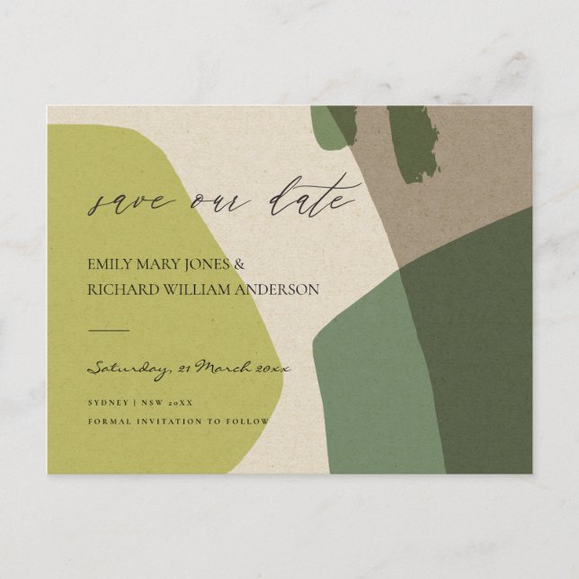 POSTAL DE ANUNCIOS ARTÍSTICO MODERNO ABSTRACTO VERDE KRAFT SAVE FECHA (Anverso)