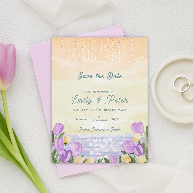 Postal De Anuncios Atardecer Elegante en Acuarela y Boda Costera Flor (Elegant Watercolor Sunset & Floral Coastal Wedding Announcement Postcard)