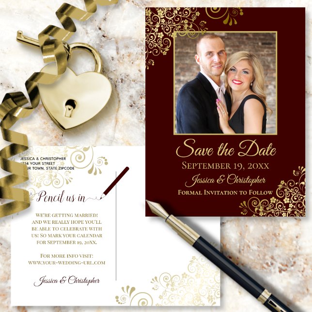 Postal De Anuncios Auburn Brown & Gold Photo Save the Date Wedding (Front and Back)