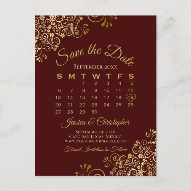 Postal De Anuncios Auburn Brown Gold Wedding Save the Date Calendar (Anverso)