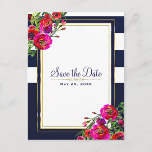 Postal De Anuncios Audaz Floral Blue & Gold Elegant Save the Date