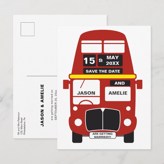 Postal De Anuncios Autobús de Londres para boda Save the Date (Anverso / Reverso)