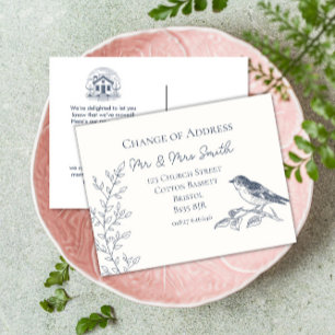 Postal De Anuncios ave elegante azul y crema cambio de dirección