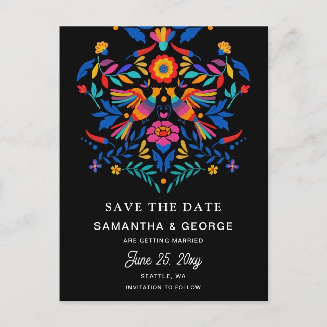 Postal De Anuncios Aves Mexicanas Otomi Floral Fiesta Save The Date (Anverso)